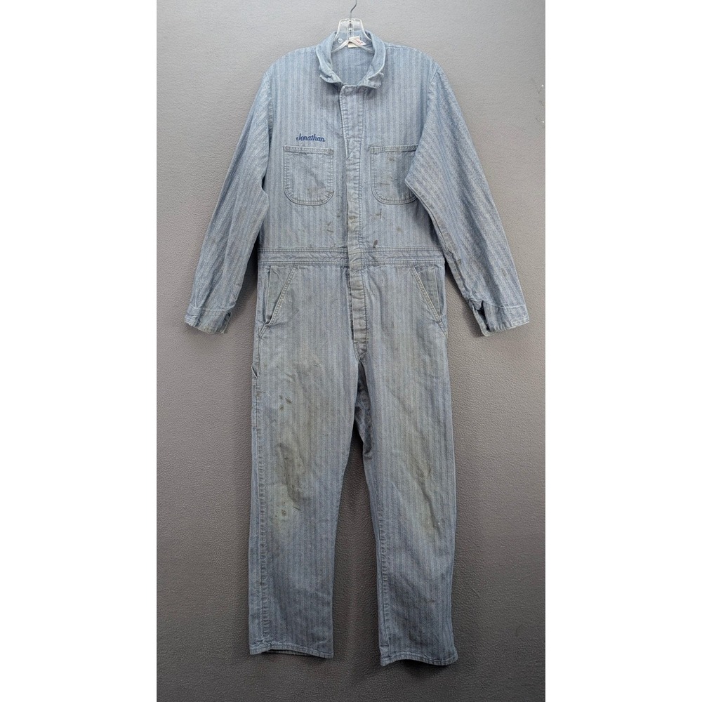 Vintage Coveralls Herringbone Men's 40R Blue Cotton Workwear Distressed 60s 70s